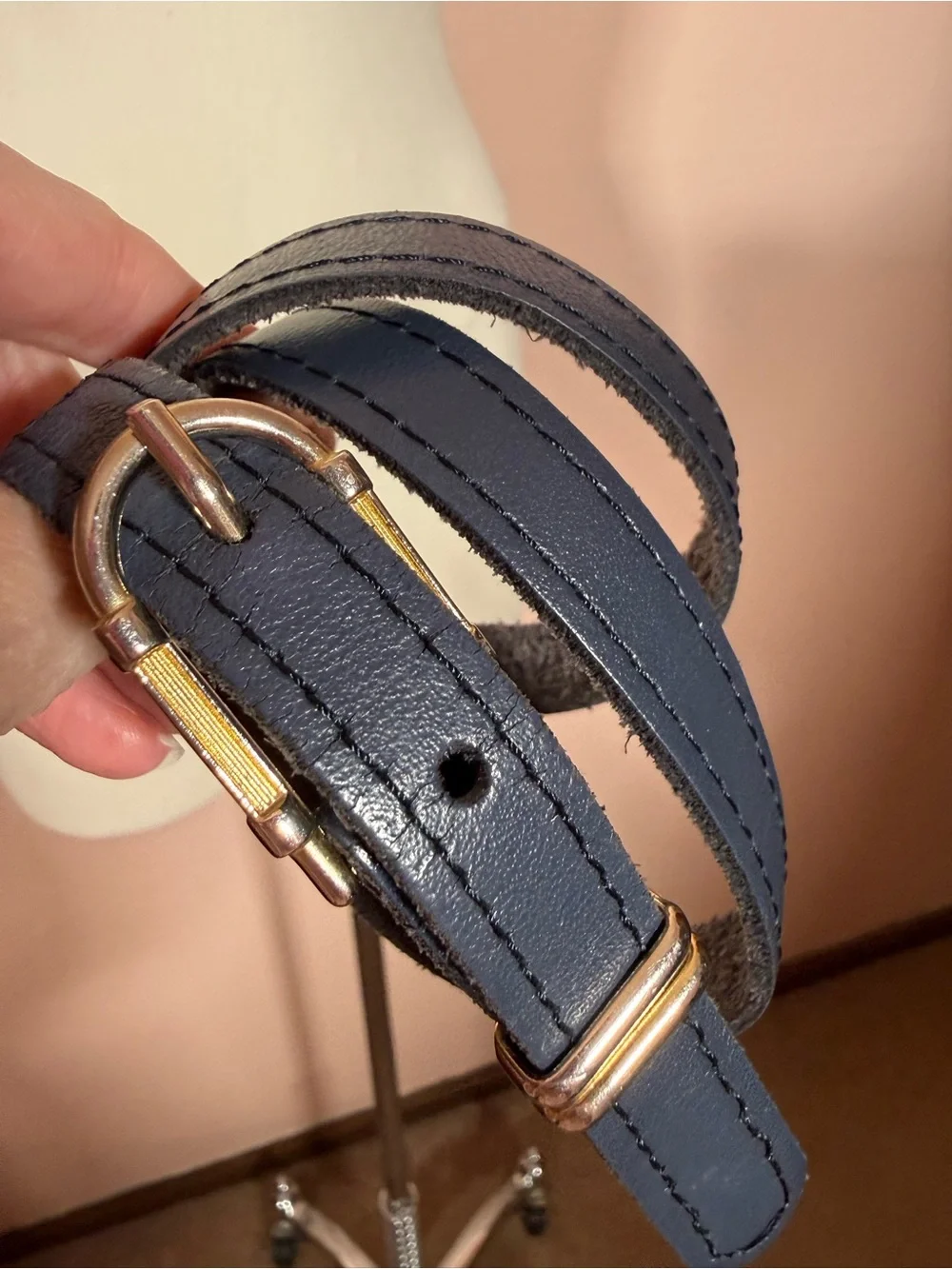 Vintage navy blue leather  minimalist skinny belt 28inches classic academia